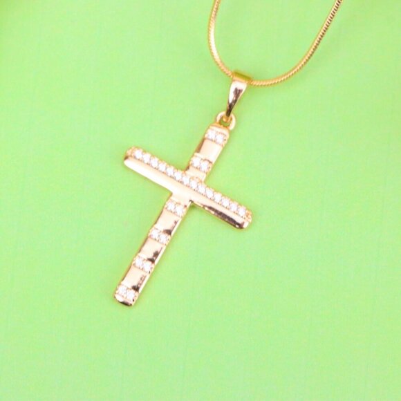 "Rose Gold Cross Pendant with CZ Stripes in Geometric Modern Design, XPPT1821 - Picture 11 of 12